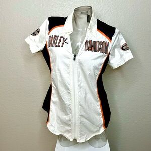 Harley Davidson Orange, White, and Black Zip up shirt Size Large